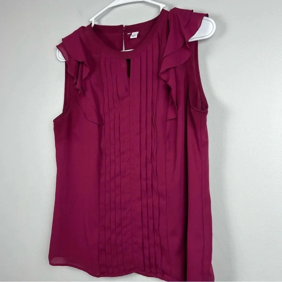 Deep Burgundy Office Workwear Ruffle Sleeveless Shirt, Size Small by Elle - Picture 4 of 10